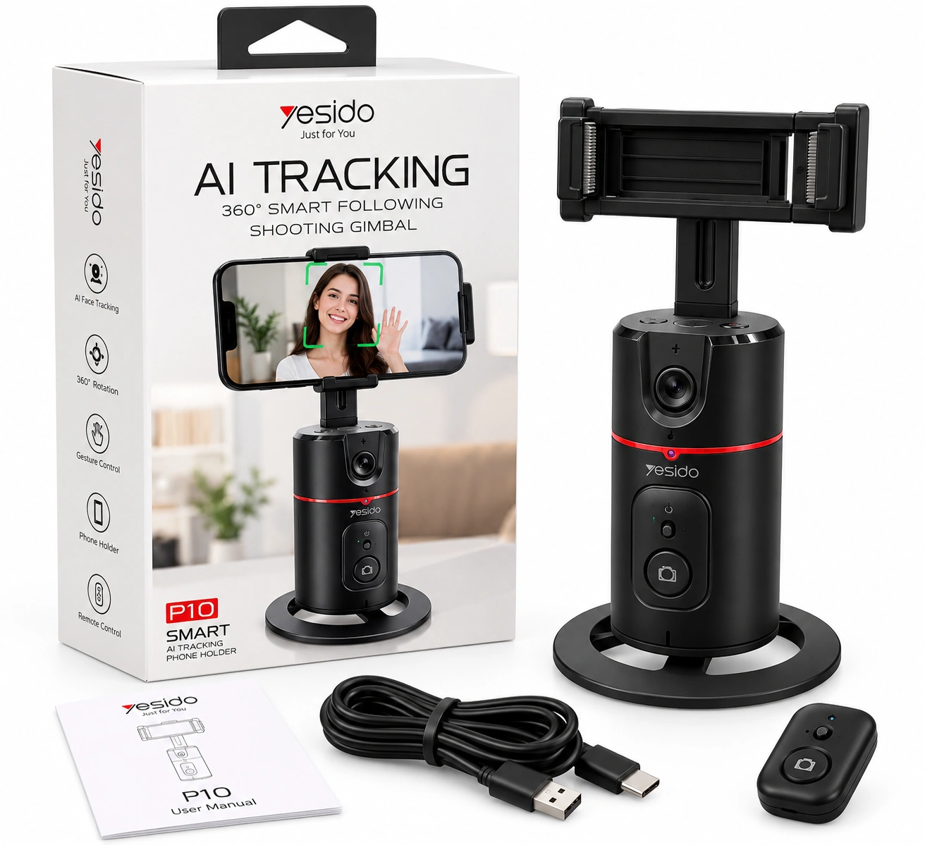 yesido_p10_ai_tracking_holder_white_background هولدر هوشمند ردیاب چهره YesidoP10 - تصویر 1